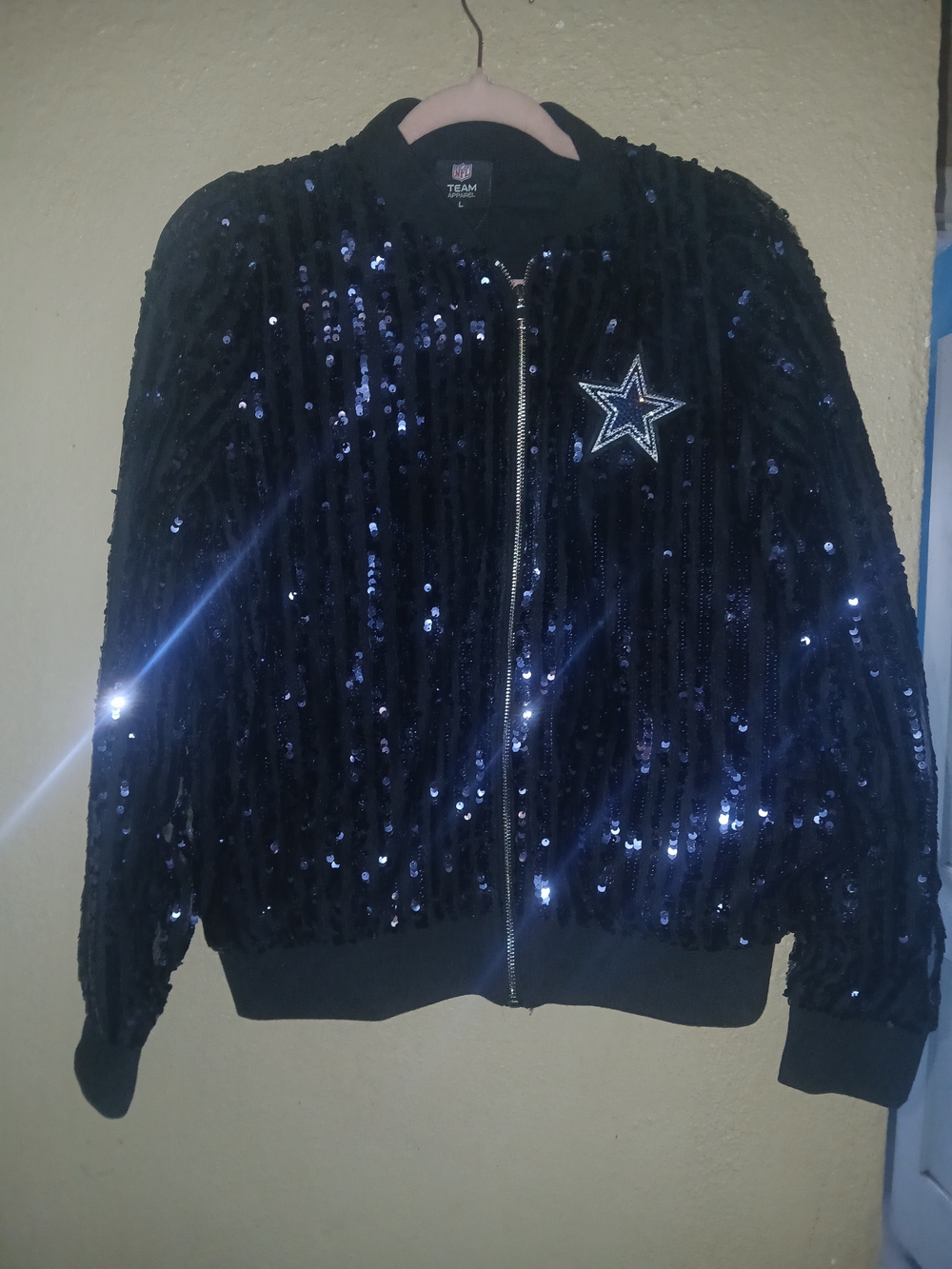 NFL Black Sequin Bomber Jacket with Star Patch